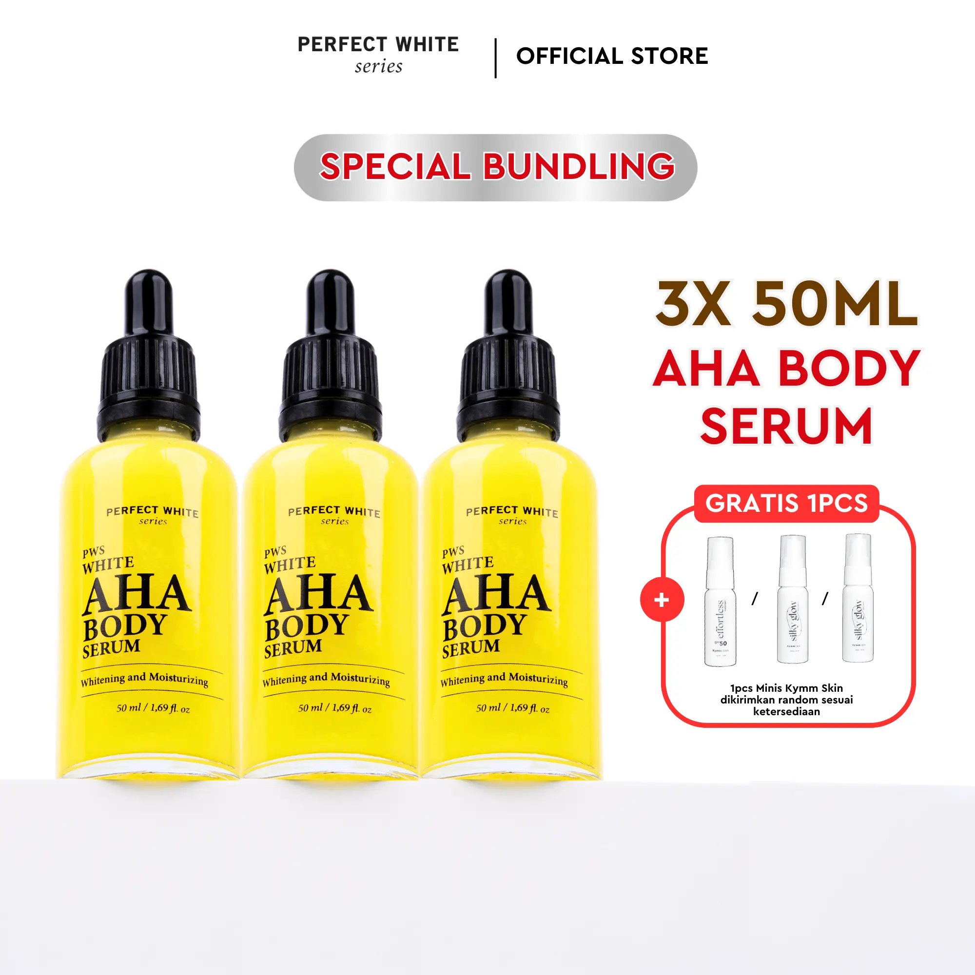 [Free 1 Kymm Skin Minis Random] PERFECT WHITE 3pcs 50ML AHA Body Serum | Perawatan Tubuh Kusam | Hand Serum Lotion Memutihkan Pencerah Mencerahkan Badan Noda Hitam | Whitening Serum Dark Spot