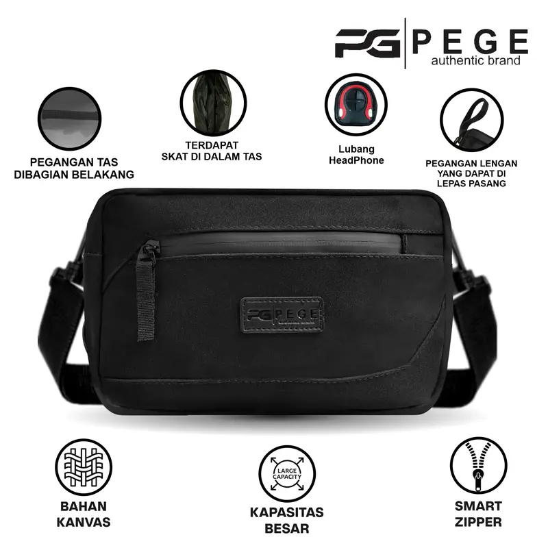 Tas Selempang Bahu Pria PEGE Hugo Slingbag Hitam Polos 3in1 Bisa Untuk Pouch Handbag dan Slempang - PG 9016 5
