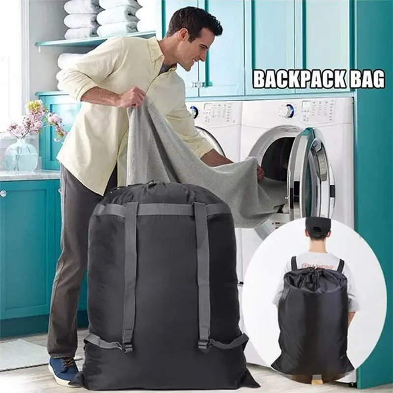Waterproof Heavy Duty Backpack Black One Size Polyester Laundry Bag Camping Travel Sport Large Clothing Storage Bag Ditty Bags