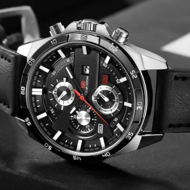 Jam Tangan Pria Asli Tahan Air Premium Original Vavavoom Tali Kulit Import New model Terbaru Fashion Kasual Sporty Stainless Steel Anti Karat Quartz Analog Kalender Aktif Luminious Bercahaya Kaca Tebal Aksesoris Arloji Men Watches Cowok Formal Bisnis -JV1 4
