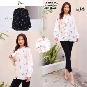 Kemeja Motif Bunga Bunga Tali  Linen Wanita Casual Basic