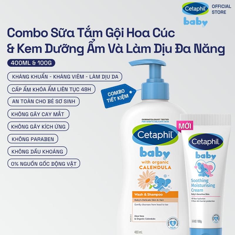  Combo Sữa tắm dưỡng ẩm dịu lành với Calendula hoa cúc hữu cơ 400ML & Kem dưỡng ẩm và làm dịu đa năng cho bé 100G 