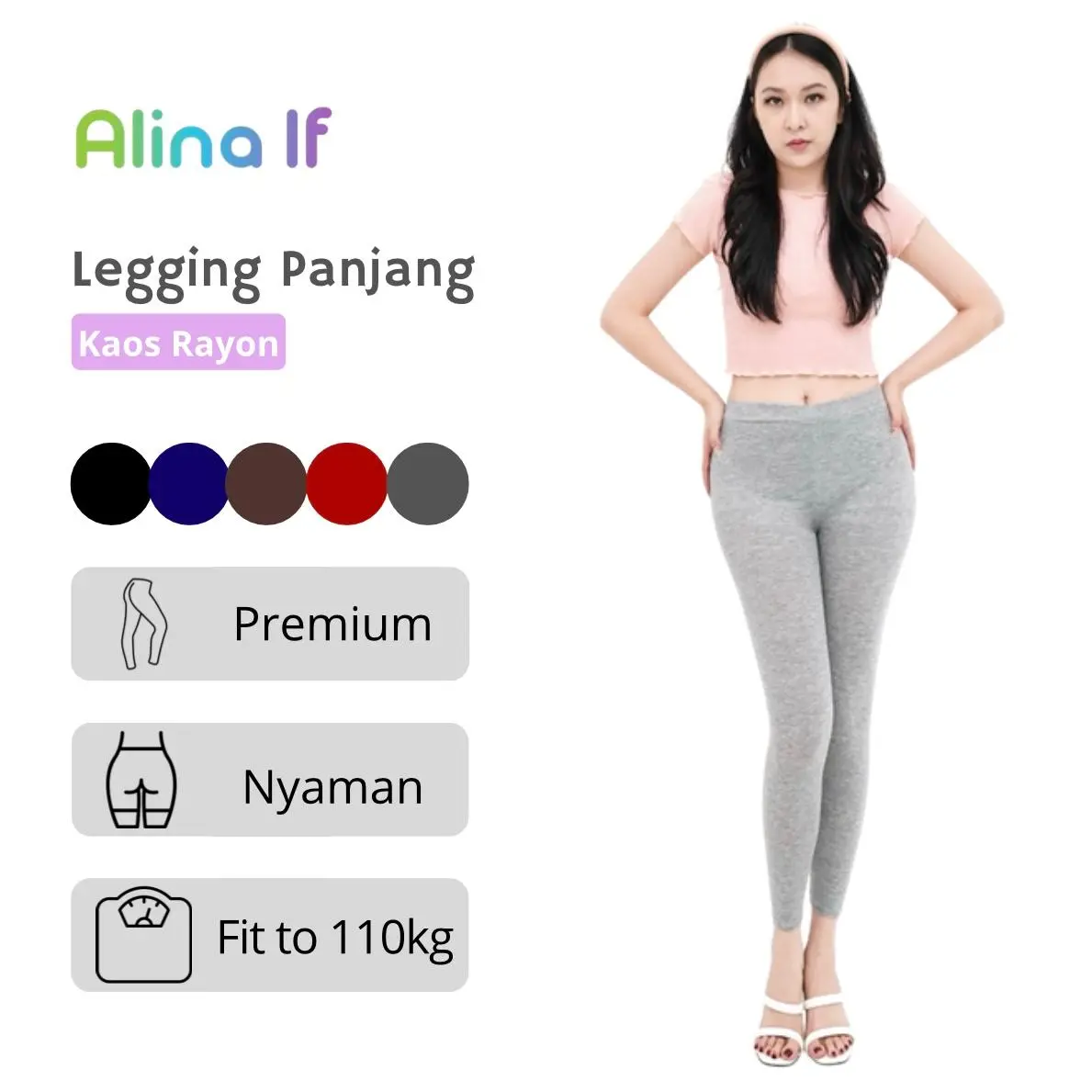 Alina lf Legging Panjang Wanita Dewasa Bahan Kaos Rayon Hitam Premium Nyaman Fit to 110kg Celana Legging Jumbo