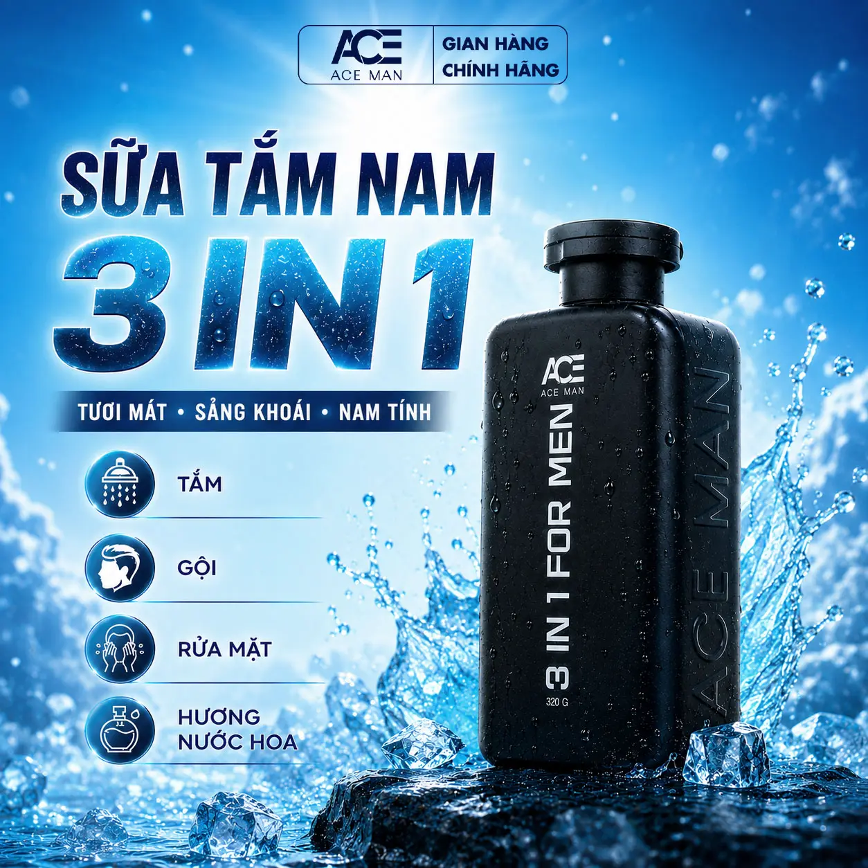 [MUA 2 TẶNG QUÀ] Sữa tắm 3 IN 1 cho nam ACEMAN 320ML hương nước hoa tắm gội toàn thân cho nam giới sữa tắm nam công nghệ làm sạch Prebiotic,thơm lâu mùi hương nam tính quyến rũ