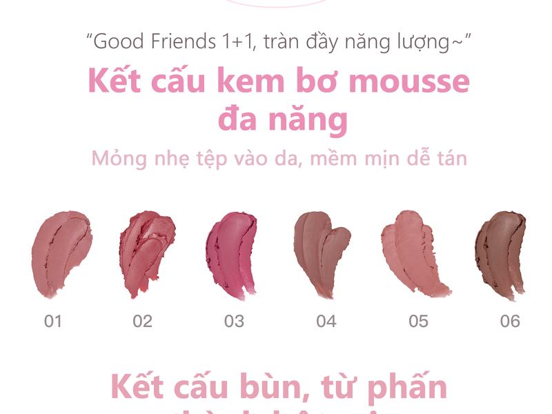 Product Introduction of Kem má hồng hai màu Flortte, dạng kem đa năng, kết cấu kép, có thể sử dụng nhiều cách khác nhau, tăng độ sáng cho gương mặt, tạo lớp trang điểm tự nhiên, 3.2g, 6 mẫu để chọn lựa 6