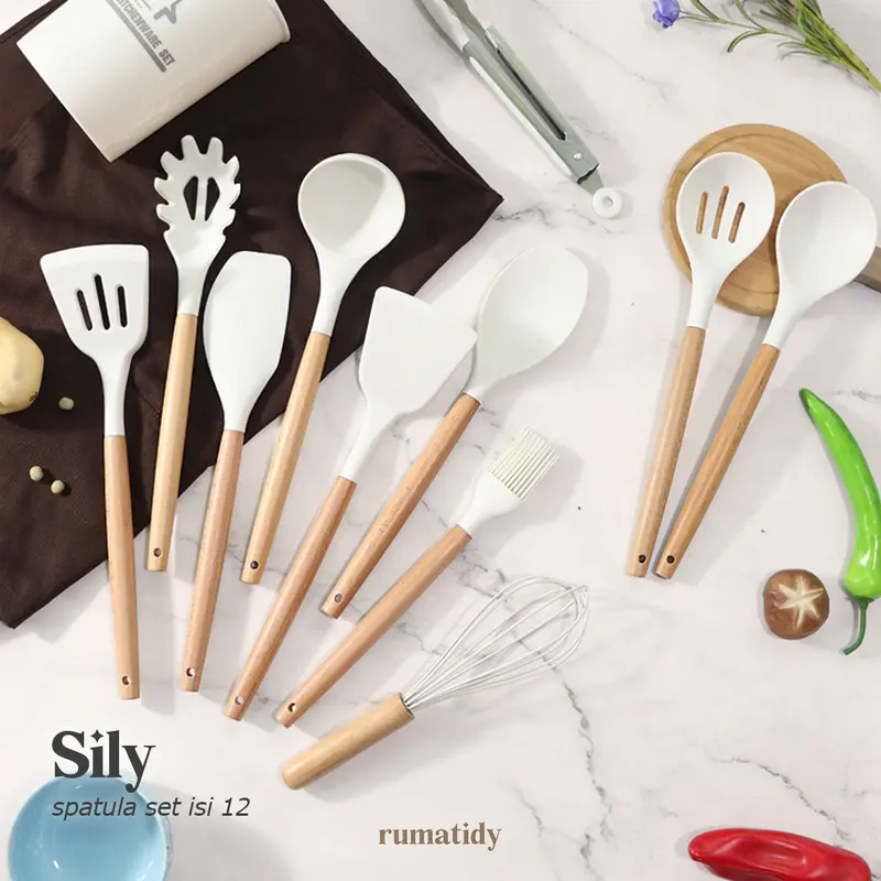 SILY Spatula Set 12pcs Alat Masak Silicone Sodet Steak Clip Set Oil Brush Kitchen Cooking Kayu Kitchenware 3