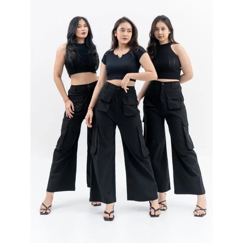 Kulot Cargo Pants Wanita Kantong Depan Karet Celana Kancing 4