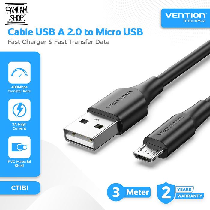 Gambar VENTION CTIBI Kabel Data USB 2.0 Male to Micro USB Male Fast Charging 2A Black Cable Mikro 3M 3 Meter dari Pampam Shop Kab. Tangerang Tokopedia