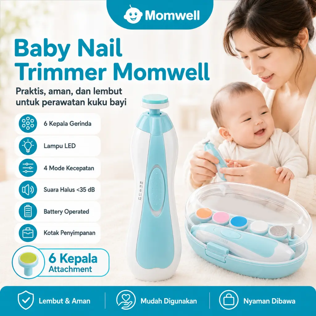 Momwell Baby Nail Trimmer Elektrik Penghalus Kuku Bayi Aman Anti Luka dengan LED 6 Attachment dan Kotak Penyimpanan