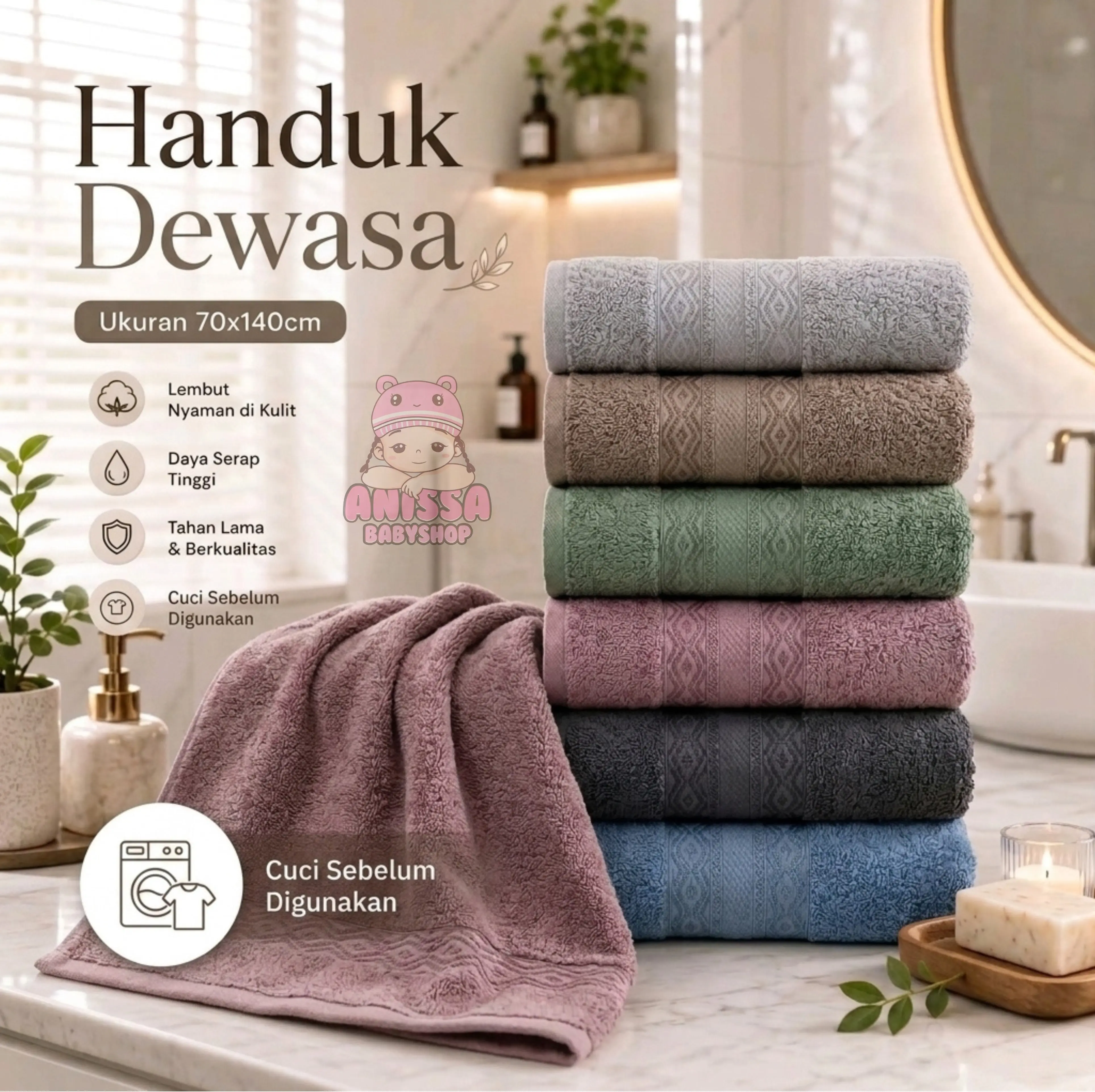 Handuk Dewasa Katun Premium 70x140 Sarang Lebah Halus Lembut dan Menyerap Air