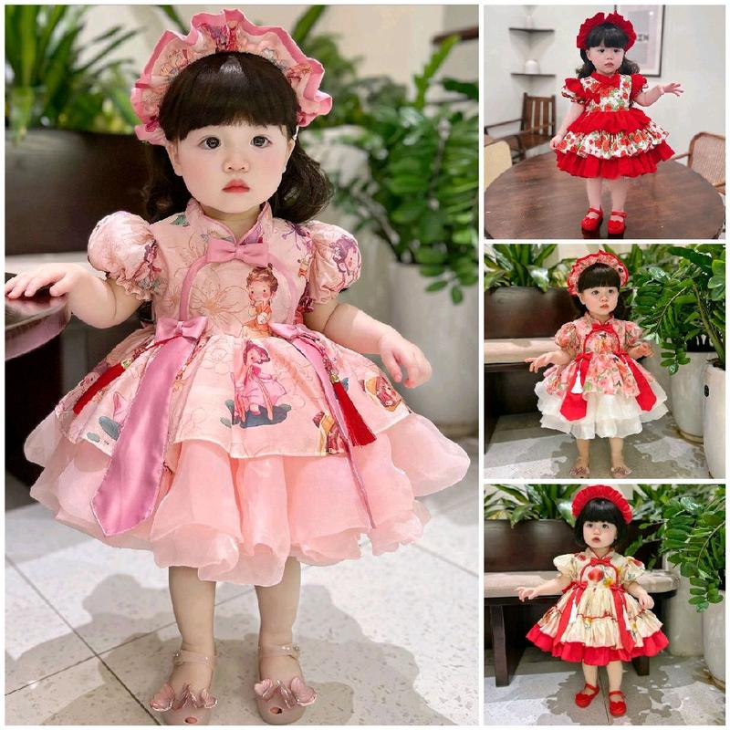 Độc Quyền Váy Lolita Cổ Tàu Cô Ti.ên Đũi Lụa Kèm Cài Và Chip 4-20 Kg,1 Tháng -5 Tuổi,Váy Cho Bé Gái Đầy Tháng Sinh Nhật