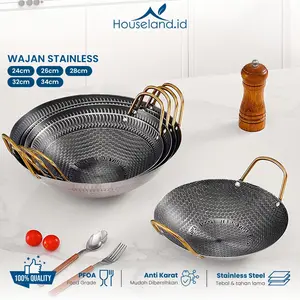 Motif Silver Wajan Penggorengan Kuali Mini Stainless Steel Gagang Kupin Anti Karat Food Grade 24cm 26cm 28cm 32cm 34cm