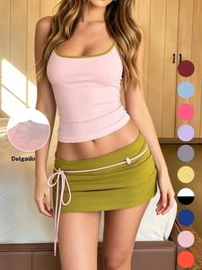 Conjunto de dos piezas para mujer con bloques de color: top corto sexy sin mangas y falda de cintura alta, ideal para uso diario