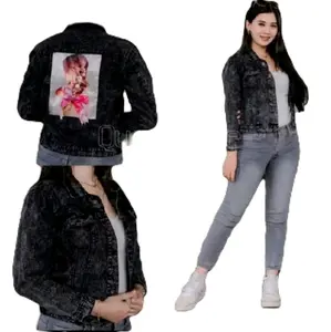 Jaket Wanita Model Crop Jeans Bordir Pita Belakang - Hitam Denim Top