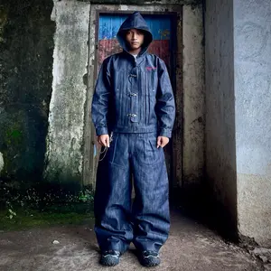 Kyoto Redline Oneset Raw Denim Hoodie Zip Clasp Jacket & Baggy Pleated Pants Set Jaket Hoodie Denim Tebal 13.5oz Boxy Fit Celana Premium