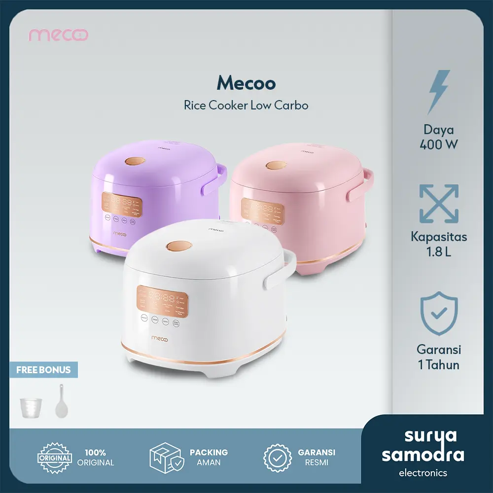 Mecoo Aesthetic Rice Cooker Putih Low Carbo Low Sugar Ceramic Coated Teflon Free 400 Low Watt 1.5L Digital Hemat Listrik & Anti Jeglek | Rice Cooker MEcoo LOW CARBO dan LOW SUGAR