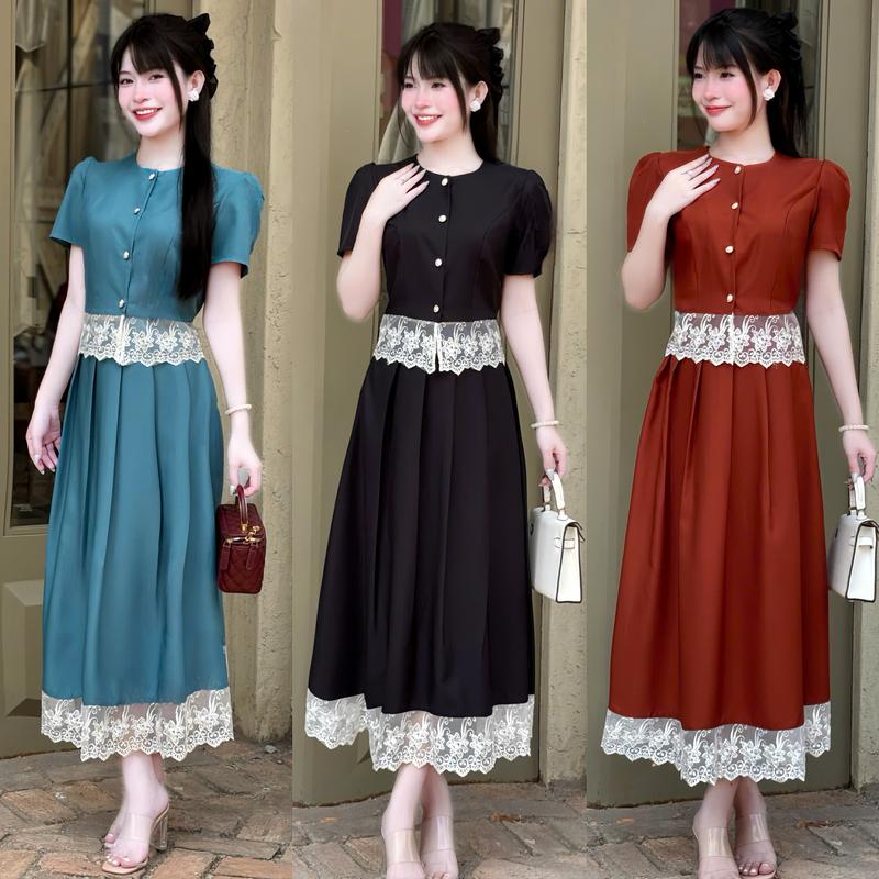 A118 - Set áo và Chân váy Xếp Ly Midi Phối ren Hoa cao cấp cổ điển nhẹ nhàng thanh lịch có bigsize Mijustore