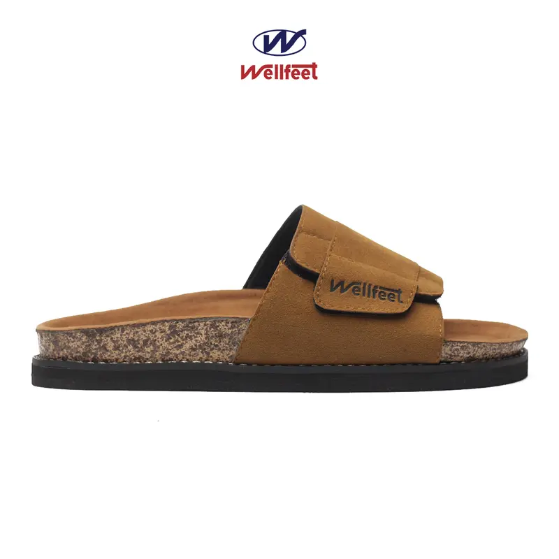 Wellfeet Ltd - Sandal Casual Santai Slide Pria Slip On Black/Tan -Cozy Suede Jepit Sendal Karet 4