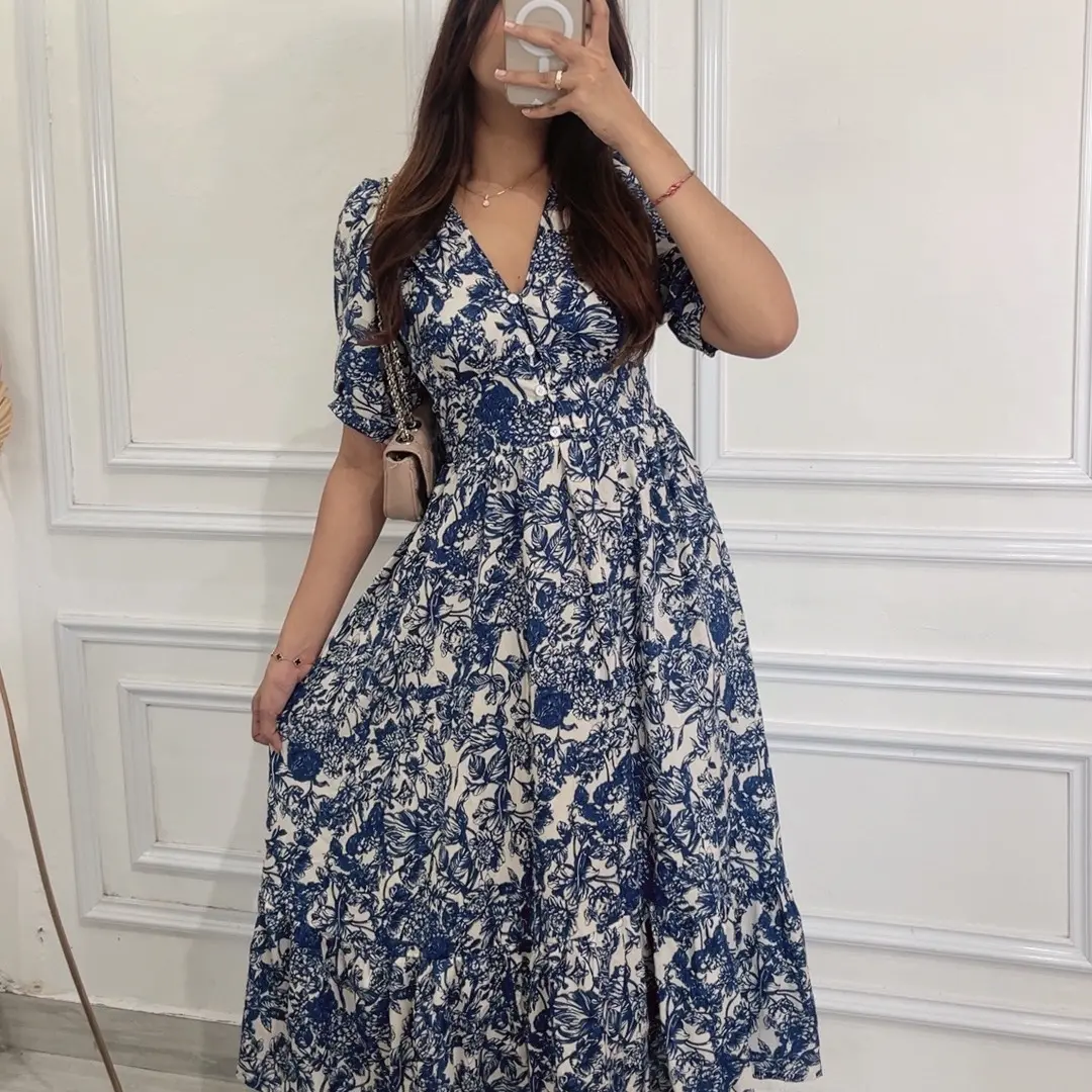 Selena Midi Dress Rayon Premium Wanita Bunga Boho V-Neck Kancing Aktif - Kotak, Pendek, Panjang, Garis, Balon, Motif, Remaja, Katun Nyaman Casual