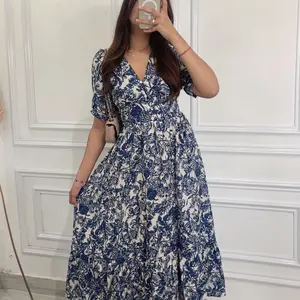 Selena Midi Dress Rayon Premium Wanita Bunga Boho V-Neck Kancing Aktif - Kotak, Pendek, Panjang, Garis, Balon, Motif, Remaja, Katun Nyaman Casual