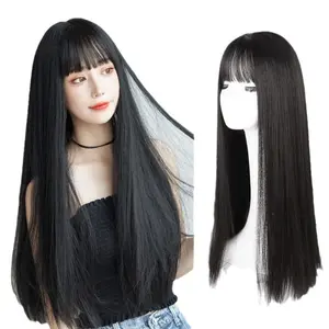 Wig Wanita Rambut Lurus Hitam Panjang Poni Udara Gadis Lembut Dengan Rambut Panjang Sedang Pembentukan Wajah Temperamen Tudung Serat Kimia Set Rambut Palsu