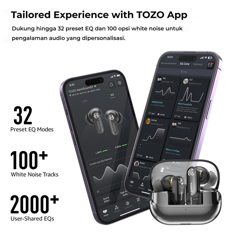 (New launch)Tozo AEROSOUND3 Smart 6 mics Hybrid ANC + AI 4 Mics ENC Clear Calls Wireless Earphone Bluetooth Tws Bluetooth 5.4  Headset IPX5 Deep Bass Stereo Sound 32 EQ Customization via App Crystal Case Design Low Latency Game Mode 4
