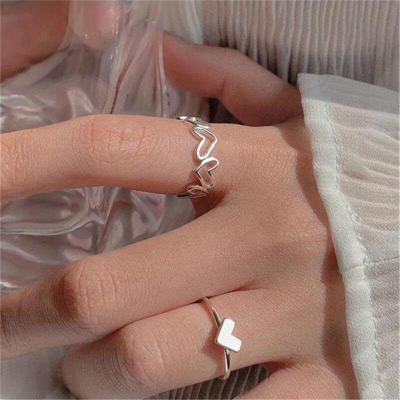 2in1 cincin multilive aesthetic ootd 2pcs / Set Cincin Terbuka Adjustable Motif Hati Aksen Hollow Untuk Perhiasan Wanita / Hadiah 1