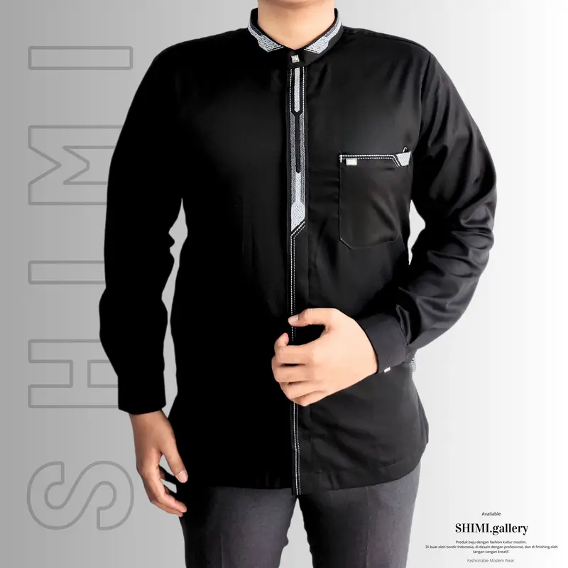 Baju Koko Pria Dewasa Lengan Panjang Manset Hitam Motif Bordir Minimalis M-L-XL-XXL 0