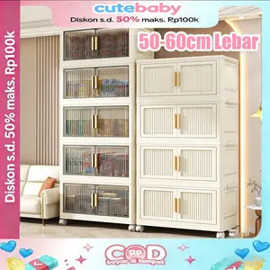 【COD 24h Shipping】50cm/60cm Lemari Penyimpanan Plastik/lemari pakaian aesthetic/lemari lipat/lemari portable Pintu Ganda+Roda Handle Emas Mewah lemari mainan anak penyimpanan/Lemari penyimpanan dengan roda
