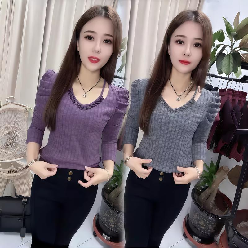  Áo Thun dệt kim cổ tim thiết kế đính đá sang trọng Nữ Women 