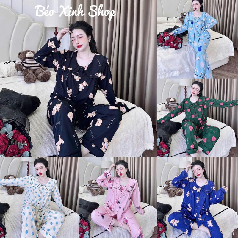 Đồ Bộ - Đồ Ngủ Tay Dài Quần Dài Vải Lụa Nhật Pijama Bigsize 50-100kg Bộ Ngủ Nữ Áo Ngủ Women Quần Ngủ - A.5640