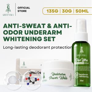 [ Greenika Complete Underarm Whitening Set ] Greenika 3-Piece Underarm Whitening Set – Includes Whitening Underarm Soap, Power White Cream & Deo Ultra Spray | Brightening & Odor-Control Solution for Dark Underarms