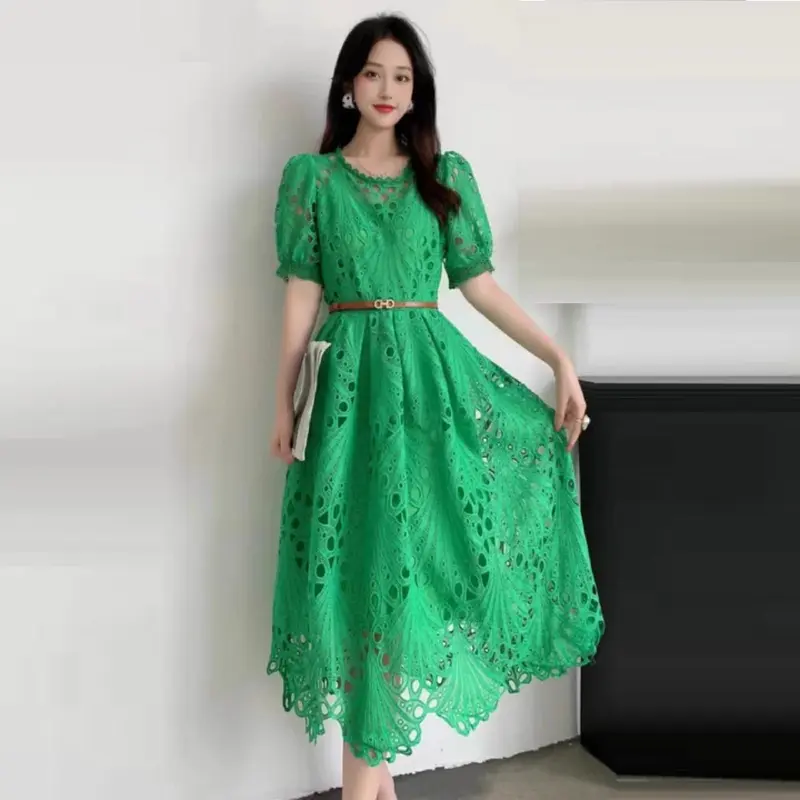 [ Marsha Ambroidered Lace Dress ] Fit Size M-L Fashion Gaun Wanita Dres Katun Bordir Katbol Formal Outfit Party Pesta Elegan Anggun Feminim Hitam Kuning Hijau Putih Kondangan Simple Natal Mewah 3
