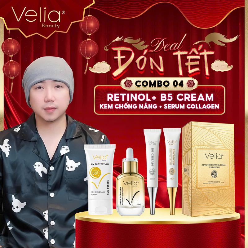   DEAL ĐÓN TẾT  Combo Kem Retinol + Kem Dưỡng B5 + Kem Chống Nắng + Serum Collagen VELIA 