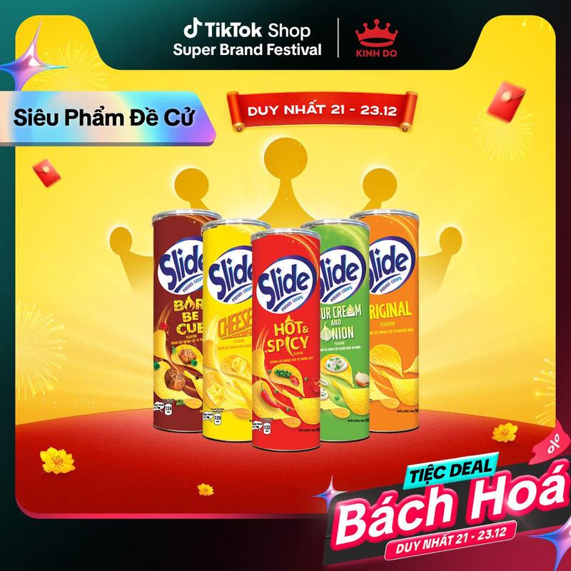  Bánh Lát Snack Khoai Tây Slide Vị Ngẫu Nhiên  Tự Nhiên Thịt Nướng Phô Mai Kem Chua & Hành Thơm Cay  Combo 5 Lon x 90g 