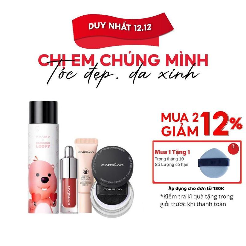  Combo mini trang điểm đầy đủ Bộ 4 món Kem nền Carslan 5g Son tint Carslan 1g Phấn phủ Carslan màu trong suốt 1g xịt khoá nền Pramy 30ml 