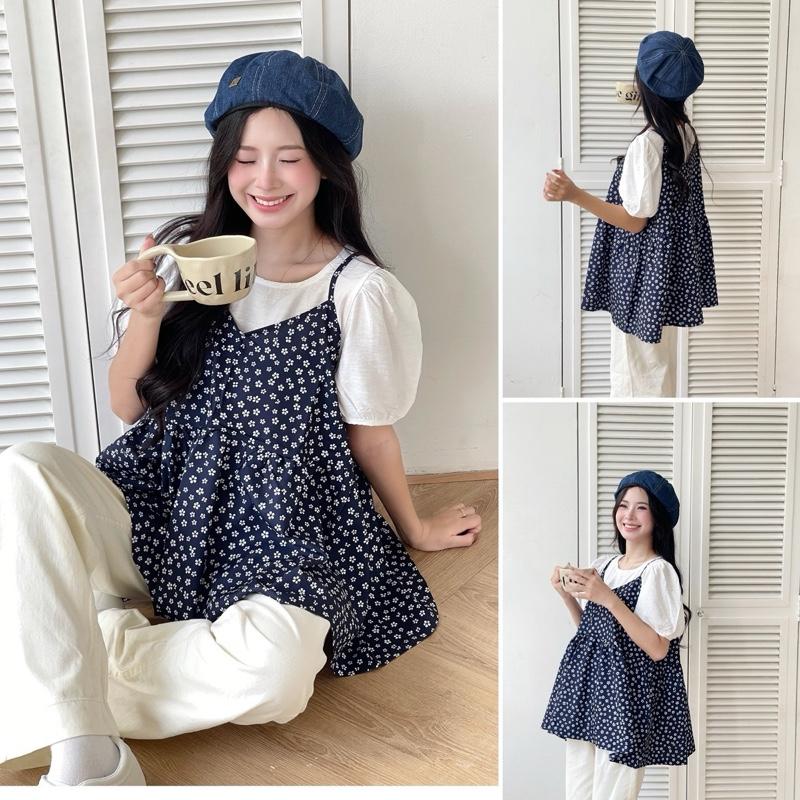 Áo sơ mi trơn tay bồng kem yếm hoa Xanh Than -FORM RỘNG- phong cách babydoll by Halinh M337