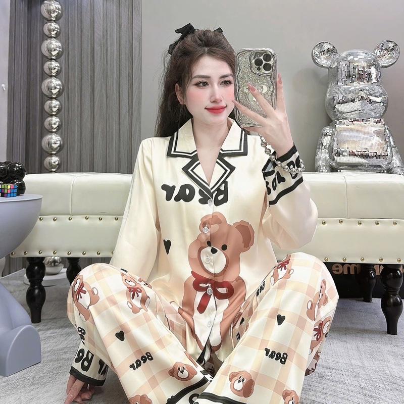 (2 size )Bộ Ngủ Nữ Lụa Latin Pyjama Gấu Bear Nâu Vải Mềm Mịn Có Túi Quần