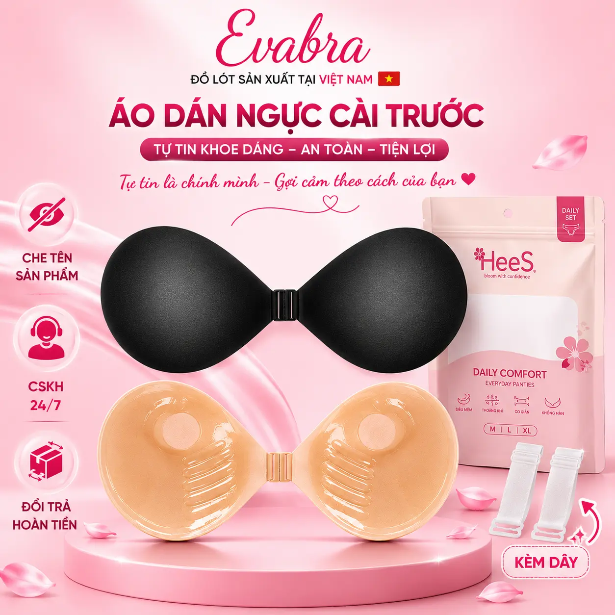 [CHE TÊN SP] Áo dán cài trước siêu nâng siêu dính kèm dây trong Eva Bra - 0127 Kem Nữ   Women Cao Su