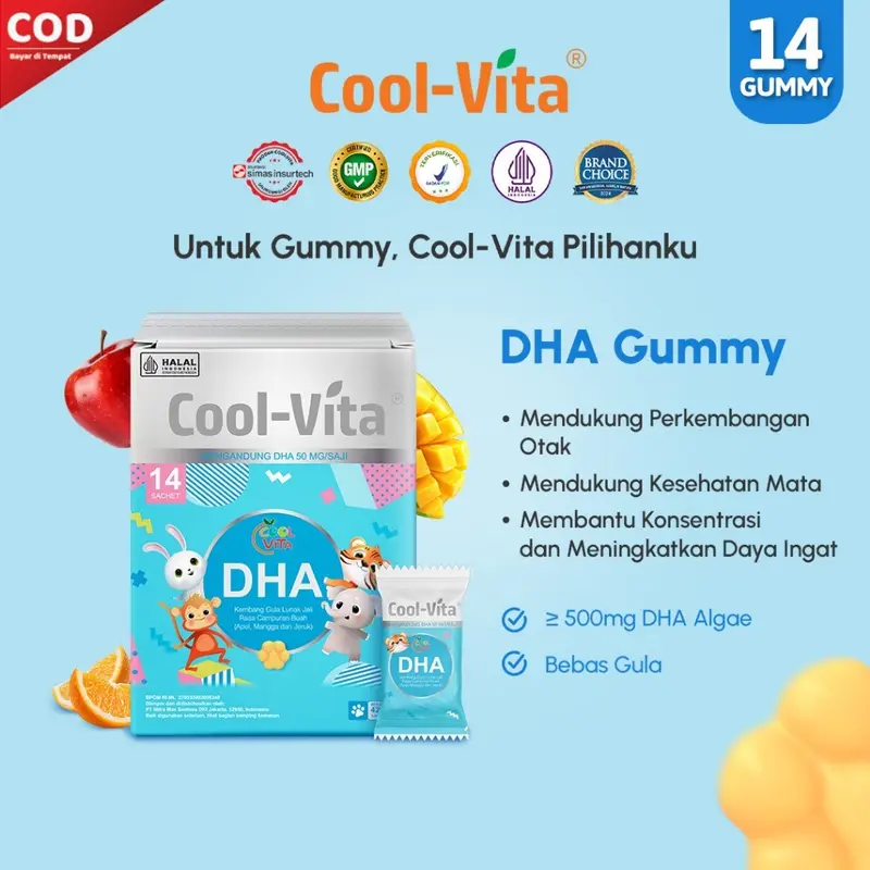 Coolvita DHA Gummy Rasa Apel, Mangga, dan Jeruk | Untuk si Kecil yang Aktif | Suplemen Kesehatan Otak 3