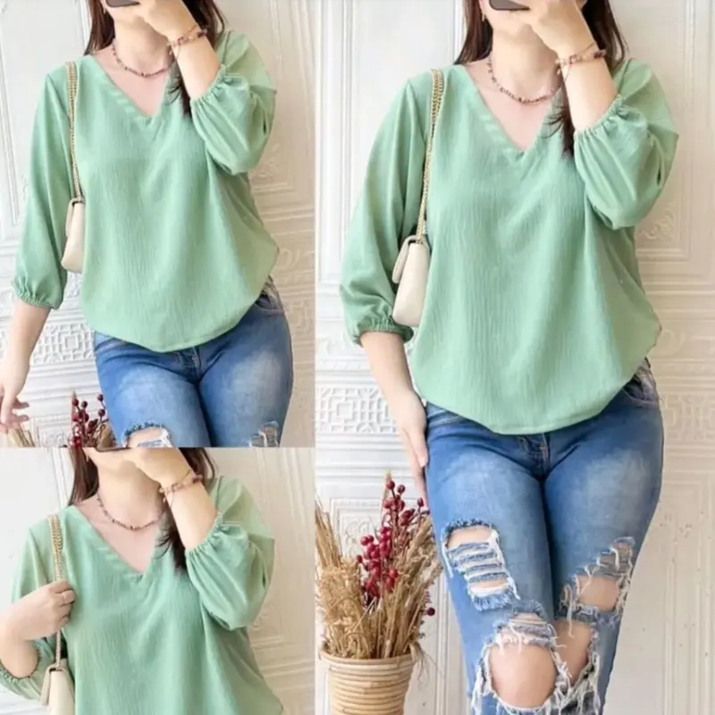 BLUS WANITA VNECK ASFA 3 PCS TANGAN PANJANG BARU Baju Karet Kuning Putih Atasan Hitam Cewek Hanya Boleh Dicuci Dengan Tangan White Kerah Kaos Kerah Polos Katun Basics White Blouses & Shirts Nyaman Army 4