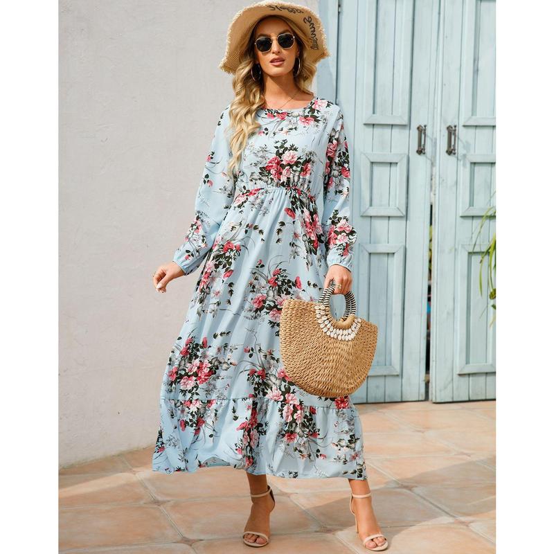 Cross-Border Foreign Trade Spring and Autumn Floral Chiffon Dress Waist-Controlled Slimming Long Sleeve round-Neck Long Printed Dress Women's 3