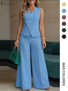 Conjunto de mujer de color sólido: chaleco sin mangas con escote en V y abertura cruzada + pantalón de cintura alta y pierna ancha, diseño casual ajustado, para uso diario al ir a la oficina.