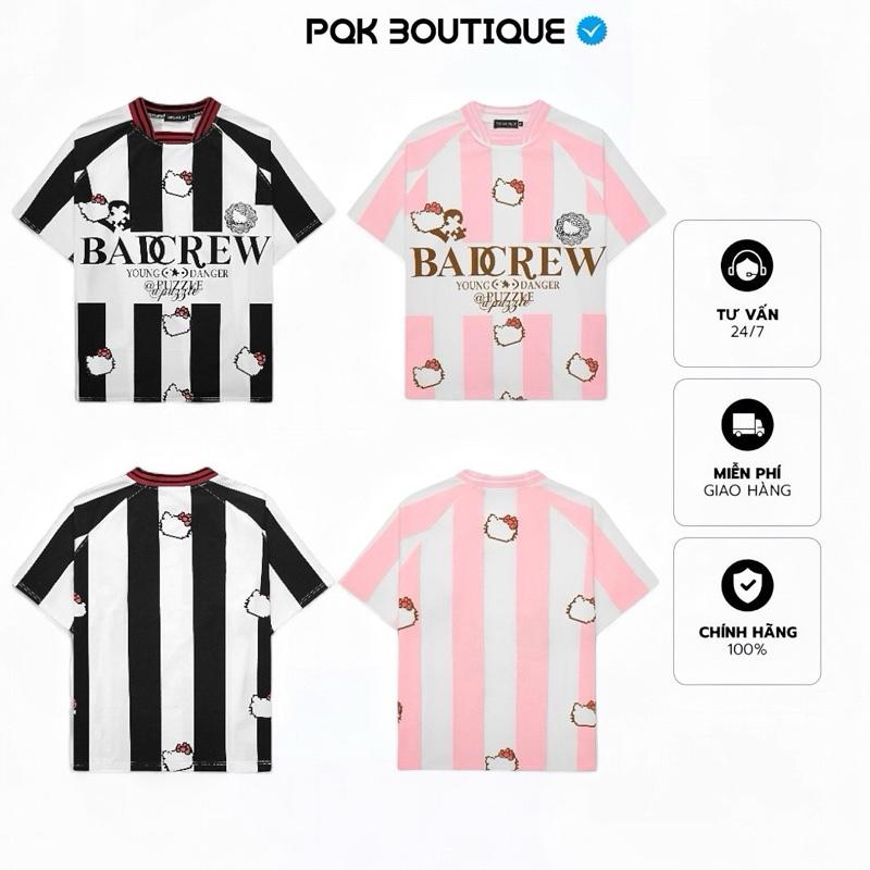 [Deal Mở Bán] Áo Thun Nam Nữ Form Rộng BADCREW Hoạ Tiết Kitty Viền Sọc Hot Trend - Pqk Boutique