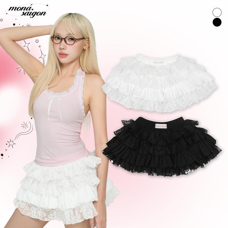 Chân váy nữ ngắn xoè nhiều tầng vải kate phối ren hoạ tiết thêu hoa MONÁ - SORA SKIRT Women