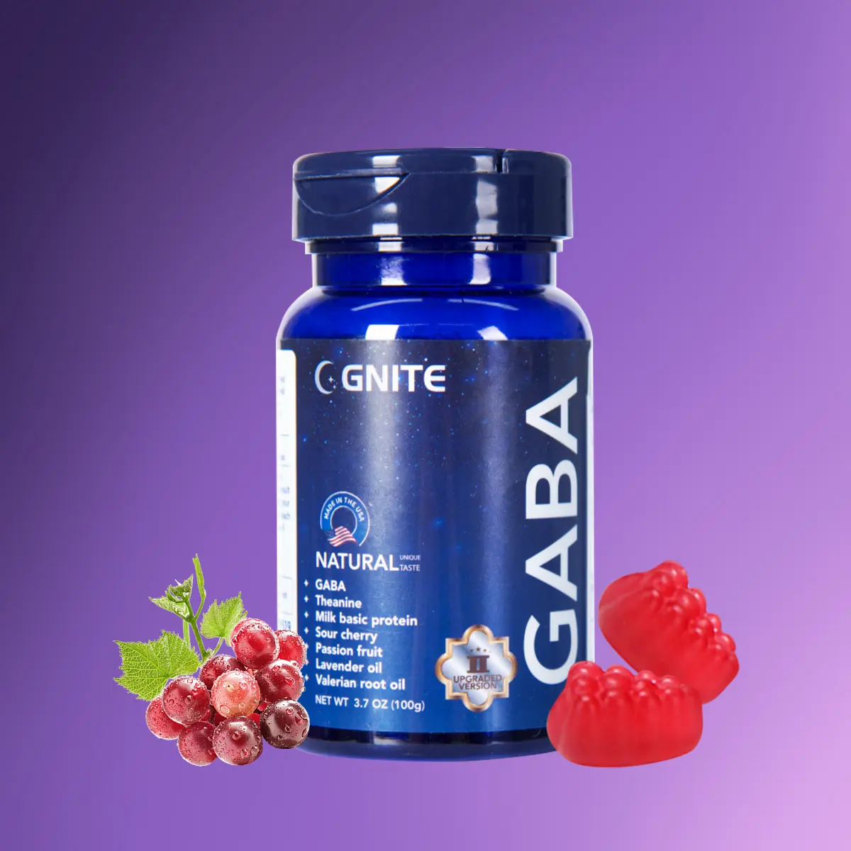 GNITE GABA Sleep Support Gummies for Deep Sleep with 100mg GABA Vitamin Lavender Oil and L-Theanine Grape Flavor for Improved Sleep Quality Easy to Fall Asleep Dietary Fitness Edible Healthcare Halal Wellness Supplements