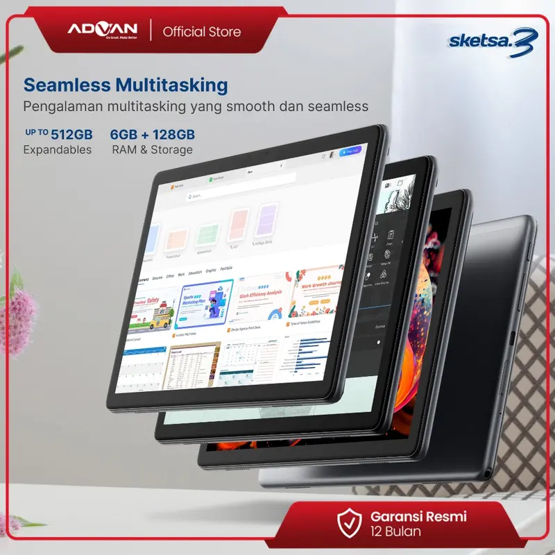 Advan Tab Sketsa 3 Layar 10.1” HD IPS 128GB+RAM 6GB Tiger T606 Android 13 Dual Sim Card Free Keyboard & Stylus Pen | Sketsa 3 Advan 5