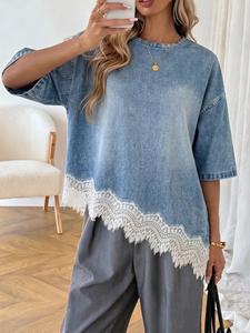 Camiseta de mezclilla para mujer de ajuste holgado, top casual con hombros caídos y manga corta, bajo ondulado con encaje, cuello redondo, estilo urbano, ropa para verano