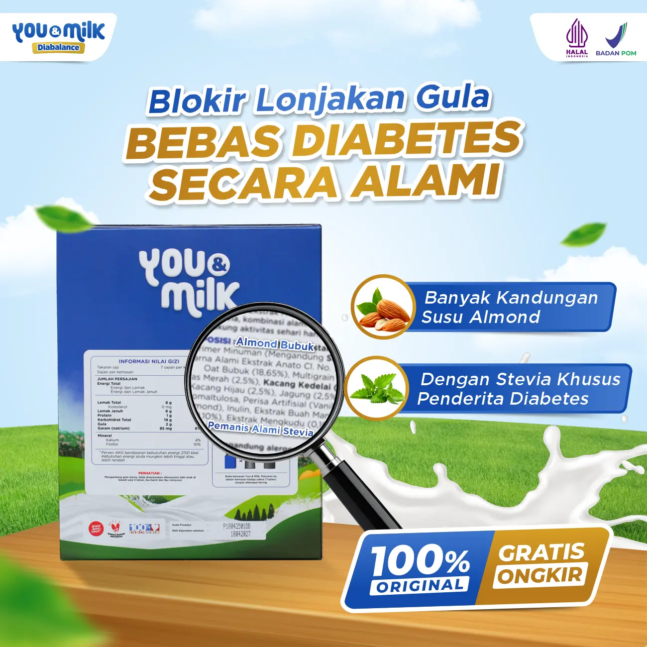 YOU & MILK DIABALANCE Susu Almond Ideal untuk Penderita Diabetes, Menurunkan Gula Darah, Halal, BPOM 200gr