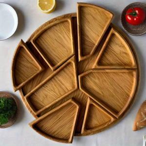 天然木製サービングトレイ - 取り外し可能な食品用キッチントレイ（スナック、果物、野菜用） スタイリッシュな田舎風の丸型デザイン、シンプルでエレガント、耐久性の高い木製構造、フードディスプレイやパーティーに最適。